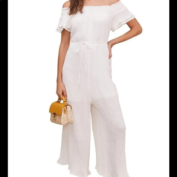 New ASTR Maura Off the Shoulder Wide Leg Flowy Jumpsuit